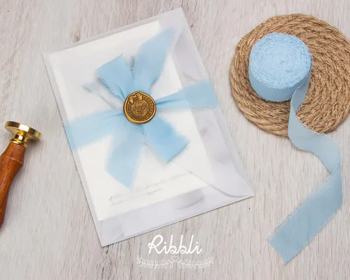 Miniatura 3 de Ribbli Cinta de gasa azul bebé de 1 pulgada x 20 yardas hecha a mano con flecos de seda, cinta azul para envolver regalos, invitaciones de boda