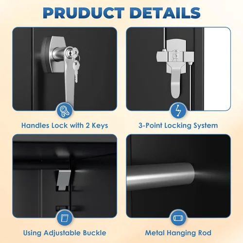 Miniatura 5 de INTERGREAT Armarios de metal con cerradura, armarios de almacenamiento de ropa de 72 pulgadas con barra para colgar y 4 estantes ajustables, armario