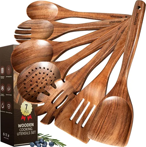 Kikcoin Juego de 7 utensilios de cocina de madera de teca natural duraderos, cucharas de madera no tóxicas para cocinar, juego de utensilios de