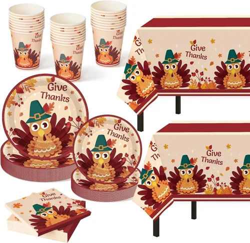 Childom Suministros para fiesta de Acción de Gracias, juego de 102 piezas de fiesta temática de Acción de Gracias, juego de vajilla de decoración de