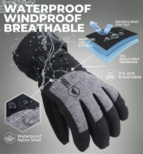 Miniatura 3 de Guantes de nieve con correas en las muñecas,para esquí y snowboard, resistentes al agua y al viento, exterior de nailon, aislamiento térmico y palma