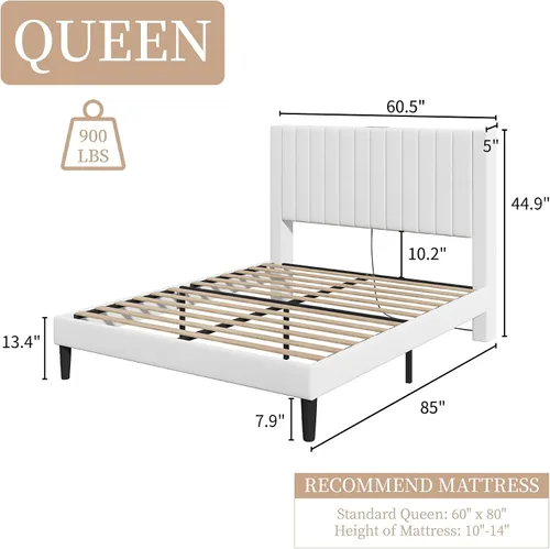 Miniatura 2 de LUXOAK Base de cama tamaño Queen tapizada en terciopelo con estación de carga, soporte de listones de madera, base de colchón, somier opcional