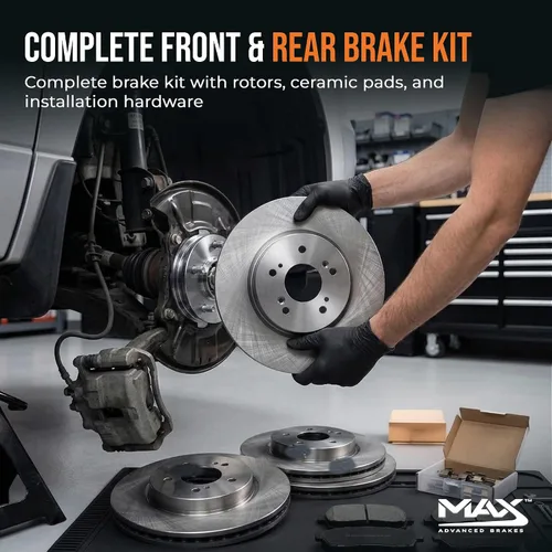 Miniatura 7 de Max KT062143 kit de repuesto de frenos OE en combo con protectores de cerámica y rotores perforados y ranurados premium frontales y posteriores