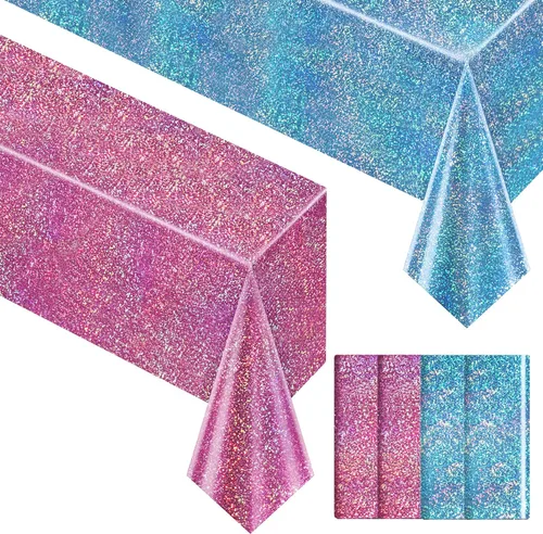 Miniatura 22 de 4 piezas de mantel de fiesta azul real holográfico de 40" x 108" con iridiscencia, mantel de plástico azul marino brillante para graduación, 4
