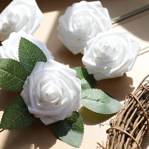 Miniatura 3 de AmyHomie AmyHomie - Lote de 50 rosas artificiales con tallo para ramos de boda Blanco