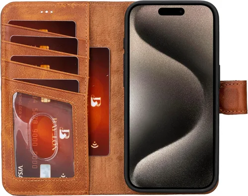 Miniatura 7 de Bayelon Funda tipo cartera para iPhone 15 Pro Max, de cuero de grano completo, cubierta abatible magnética desmontable, tarjetero, funda tipo Marrón