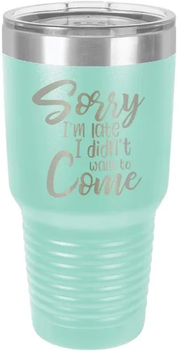 Miniatura 23 de Sorry I'M LATE I DIDN'T WANT TO COME Vaso negro de 30 onzas con popote y tapa superior deslizante Taza de viaje de acero inoxidable Comparar