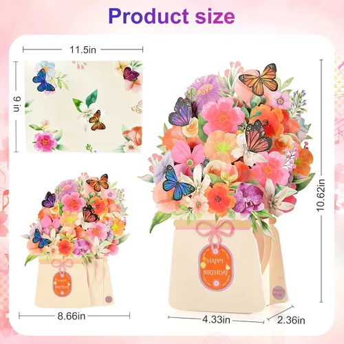 Miniatura 6 de Yinqing Tarjetas de cumpleaños, tarjeta de feliz cumpleaños ligera y música, lirio y mariposas, ramo de flores de tamaño natural de 10 pulgadas