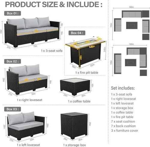 Miniatura 6 de Rattaner Juego de muebles de patio de 6 piezas, mesa de fuego para exteriores, fogata de gas de 45 pulgadas con caja de almacenamiento al aire Gris