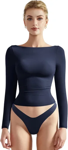 Miniatura 18 de SUUKSESS Camiseta de mujer con cuello redondo, manga larga, doblemente forrada, ajustada y corta