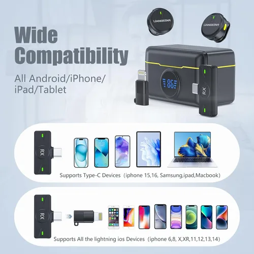 Miniatura 6 de LIANGSTAR Micrófono Lavalier inalámbrico para iPhone/Android, mini micrófono con estuche de carga con cancelación de ruido, duración de la batería