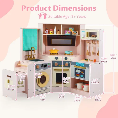 Miniatura 9 de INFANS Cocina esquinera para niños, juego de madera con carrito telescópico, luces realistas, sonidos, máquina de hielo, cajones de tela, horno