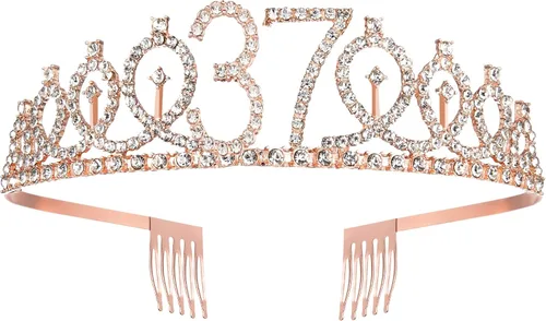 Miniatura 3 de BRT Bearingshui Banda y tiara de cumpleaños número 37 para mujer, corona de banda de cumpleaños de oro rosa 37 y fabulosa banda y tiara para mujer