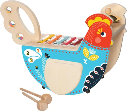 Manhattan Toy Pollo Musical Instrumento de Madera para Niños Pequeños con Xilófono, Baquetas, Platillo y Maraca, Azul