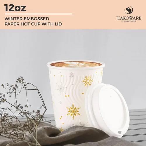 Miniatura 3 de Harvest Pack - Juego de 100 tazas de café desechables de Navidad de 12 onzas con tapas, tazas de papel caliente aisladas con copos de nieve blancos