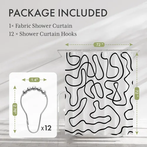 Miniatura 2 de AmazerBath - Cortina de ducha, juego de cortinas de tela lavable en negro y blanco con 12 ganchos de cortina de metal, cortinas de ducha de tela