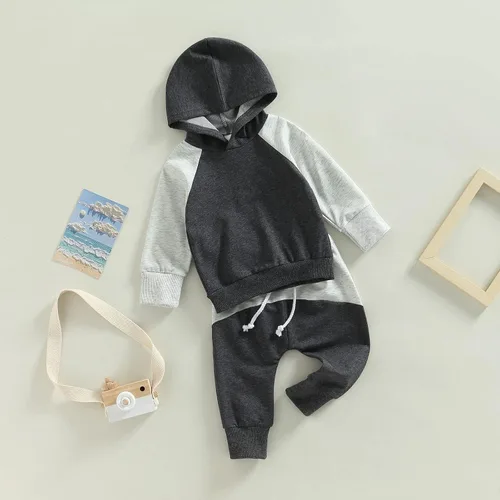 Miniatura 135 de Ropa de bebé niño 3 6 9 12 18 24M 3T Conjunto de pantalones con capucha patchwork sudadera con capucha pantalones de rayas traje de otoño invierno
