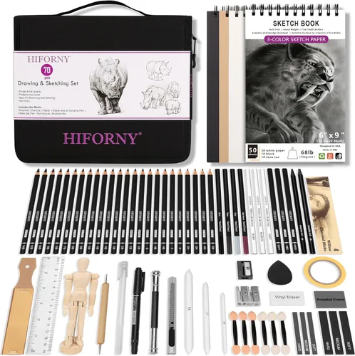 HIFORNY Juego de Dibujo de 70 Piezas Kit de Bocetos - Lápices de Boceto Suministros de Arte para Adultos Artistas Niños con Cuaderno de Bocetos de 3
