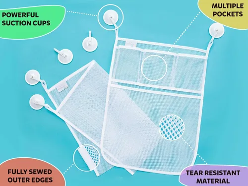 Miniatura 3 de 2 x Organizador de juguetes de baño con malla + 8 ganchos ultra resistentes – El soporte perfecto para juguetes en la bañera, el baño o la ducha