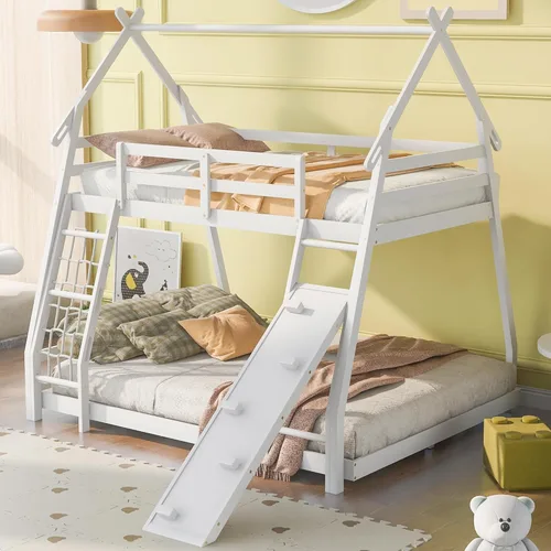 Miniatura 47 de Litera de casa individual sobre cama individual con tobogán convertible y nido, litera de madera maciza con techo y ventana para niños, verde-blanco