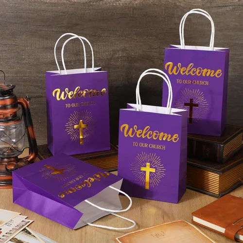 Miniatura 3 de Chuangdi 50 bolsas de regalo de bienvenida a la iglesia, bolsas de papel cristiano con asas para invitados, día de la madre, baby shower, Púrpura