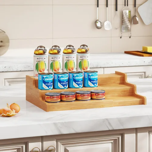 Miniatura 4 de Organizador de latas de bambú expandible para despensa, soporte de almacenamiento de latas ajustable de 3 niveles, organizador de soda con capacidad