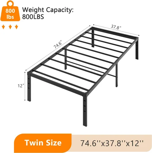 Miniatura 2 de VINGLI Marco de cama individual de 12 pulgadas, plataforma de metal resistente, no necesita somier, soporte de listones de acero resistente, fácil