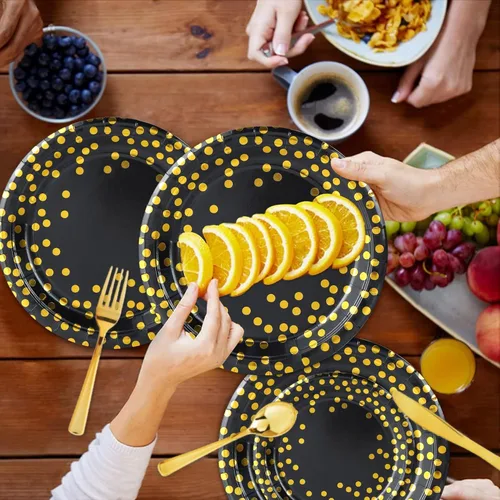 Miniatura 4 de 175 piezas de suministros de fiesta negros y dorados, lunares dorados en platos de papel negro, servilletas y vasos, cubiertos de plástico dorado
