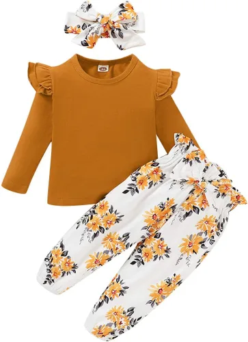 SANMIO Conjunto de ropa para niña pequeña, camisa de manga con volantes, pantalón floral con diadema, 3 piezas, conjunto de ropa para bebé niña 1-5T