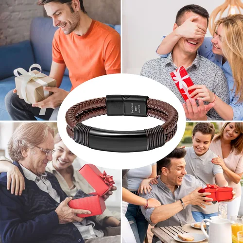 Miniatura 7 de murtoo Pulsera para hombre de cuero y acero, pulseras trenzadas de doble fila para hombres con cierre magnético de acero inoxidable, regalo elegante