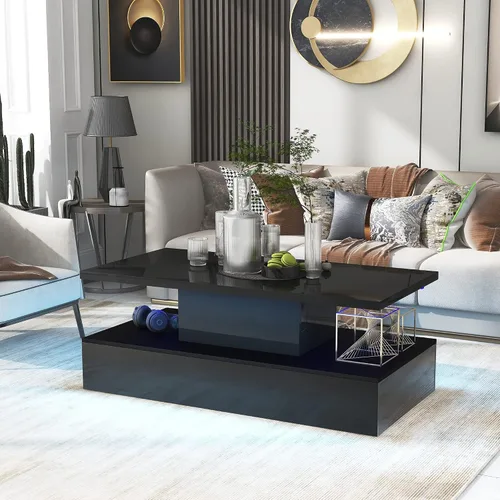 Miniatura 4 de Quarte Mesa de centro de estilo moderno de 2 niveles con iluminación LED de 16 colores, mesa de cóctel con control remoto y gran lugar