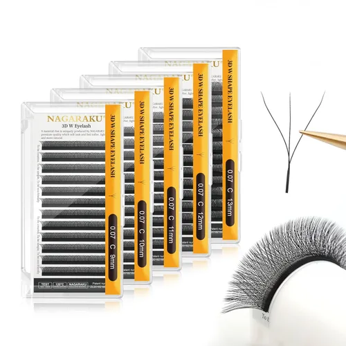 Miniatura 308 de NAGARAKU Extensiones de pestañas Double Tips 4D W, suministros con puntas dobles, gruesas con rizado D de 0.07 mm, bandeja mixta 8-15 mm, 0.07-D
