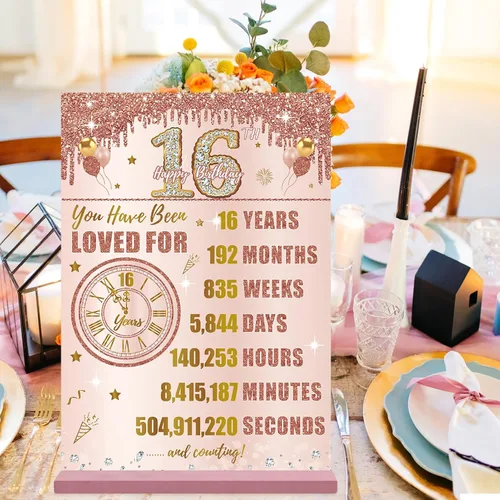 Miniatura 6 de Bumqviy Decoración de cumpleaños número 16 para niñas, cartel de madera de dos caras de oro rosa con soporte, regalo de cumpleaños de 16 años de edad