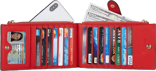 Miniatura 3 de Travelambo Billeteras de cuero para mujer, delgada, con bloqueo RFID, billetera plegable para tarjetas de crédito, Rojo Clásico, Moda