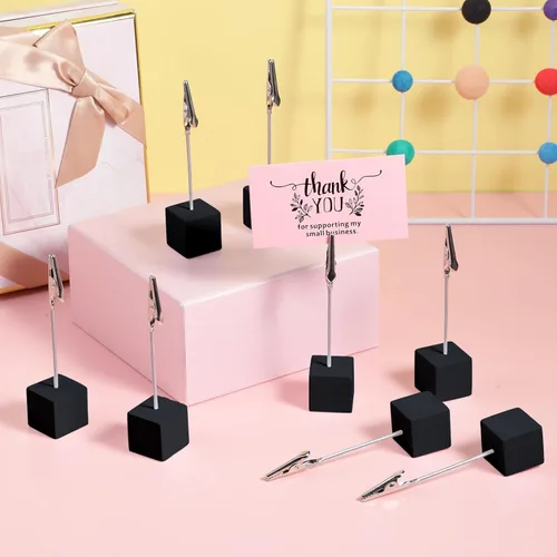 Miniatura 4 de Gersoniel 20 Piezas Soporte de Clip para Notas Base Cúbica con Clip de Cocodrilo Soporte de Números de Mesa de Madera Base Cúbica Soporte para Negro