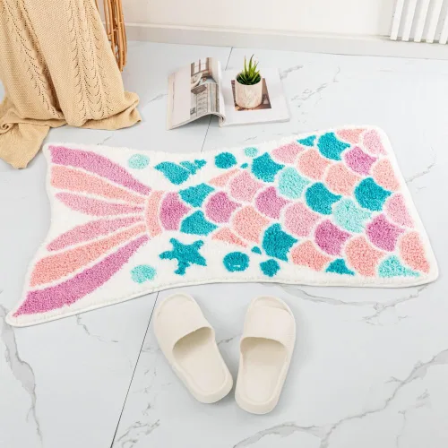 Miniatura 8 de Bonita alfombra de baño de sirena, divertida alfombra de baño con forma de cola de pez océano azul, escamas de sirena, para baño, antideslizante
