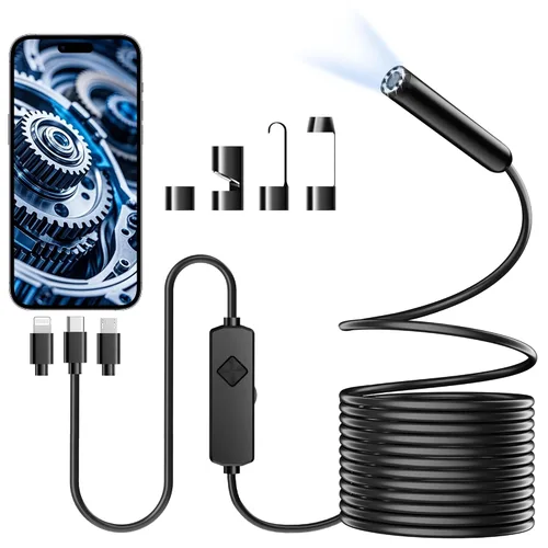 Miniatura 8 de Cámara endoscopio con luz, boroscopio HD 1920P con 8 LED ajustables, cable de serpiente semirrígido, cámara de inspección impermeable IP67 para iOS