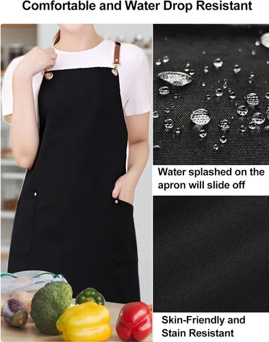 Miniatura 6 de Delantales negros con espalda cruzada para mujeres y hombres, correas largas ajustables, bolsillos grandes, delantal impermeable de lona