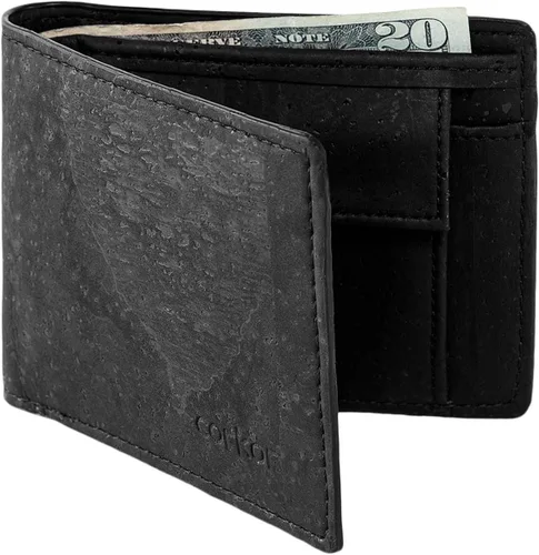 Corkor Cartera RFID con bolsillo para monedas, bloqueo RFID, piel vegana, libre de crueldad, respetuosa con el medio ambiente, color negro