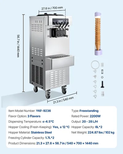 Miniatura 7 de VEVOR Máquina de helados comercial, 20-28L/H de rendimiento 2200 W, máquina de helado suave independiente con 3 sabores, 2 tolvas de 6 L, bomba