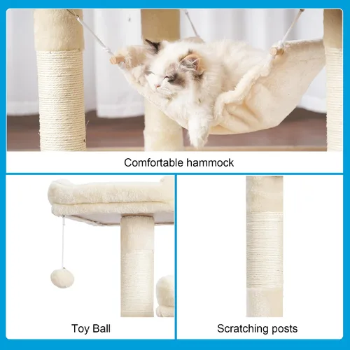 Miniatura 6 de Hey-brother - Mueble grande de casita de gato multinivel con postes rascadores cubiertos de sisal, 2 condominios de felpa más grandes, hamaca Beige