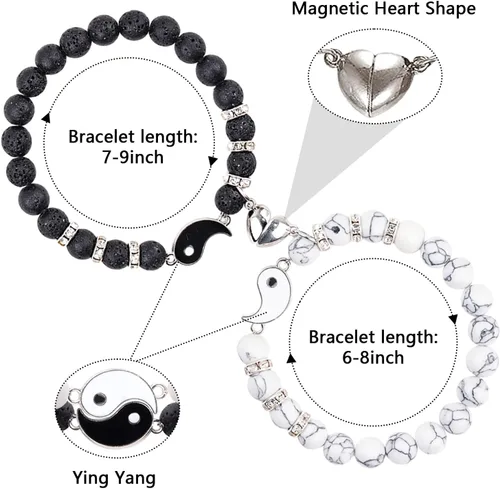 Miniatura 60 de 2 pulseras magnéticas para parejas, piedra natural negra mate, cristal para votos de amor eterno, juego de pulseras de cuentas de piedra de energía