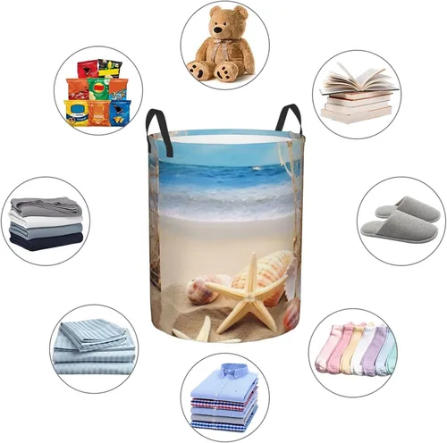 Miniatura 6 de Cesta circular impermeable con estampado de estrellas de mar y conchas marinas, cesta organizadora de ropa sucia con asas para ropa, juguetes