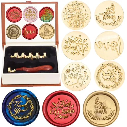 Miniatura 12 de SWANGSA Juego de sellos de cera, 6 cabezales de sello de sellado de la serie Moon vintage y 1 kit de sello de cera con mango de madera