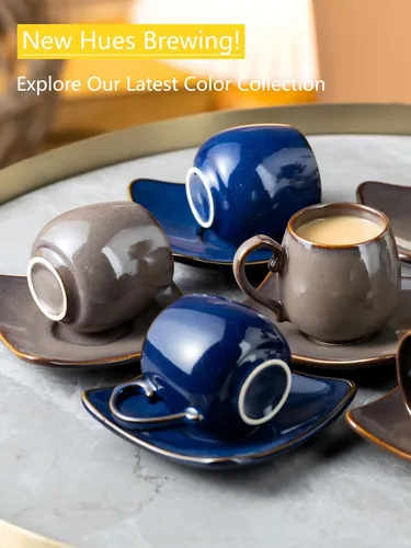 Miniatura 7 de LYEOBOH Juego de 6 tazas de café expreso de 3 onzas con platillos, tazas de café pequeñas de cerámica con soporte y cucharas, lindas tazas demitasse