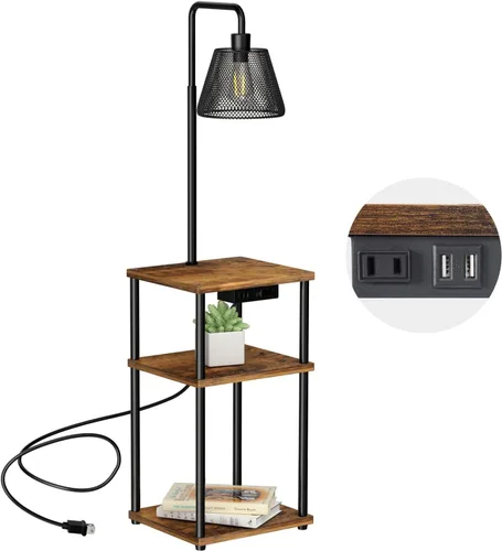 Lámpara de pie Pazarfami con mesa, lámpara de pie con estantes, mesa auxiliar con puerto de carga USB y tomacorriente, mesa auxiliar moderna de