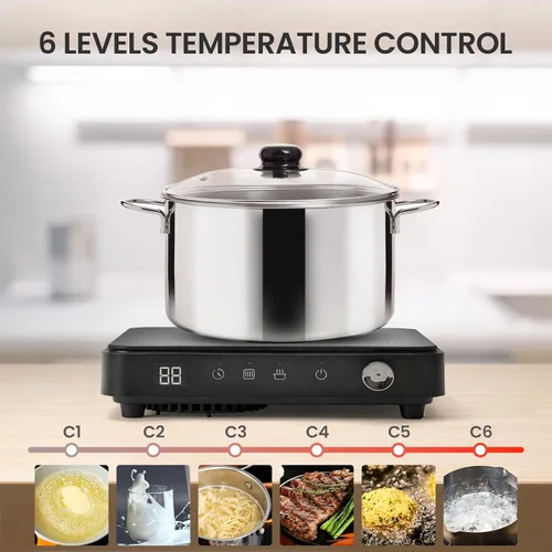 Miniatura 4 de Placa de cocción de inducción portátil, placa de inducción de 1500 W con 6 ajustes de temperatura, 8 potencia, temporizador de 99 minutos, incluye