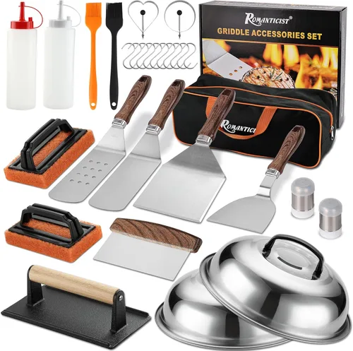 Miniatura 7 de ROMANTICIST - Juego de 29 piezas de accesorios para parrilla - Juego de espátulas Teppanyaki de parte superior plana con raspador, cubierta