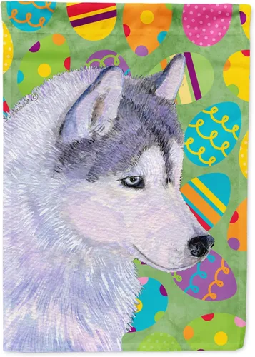 Caroline's Treasures SS4809GF - Bandera decorativa para jardín con diseño de huevo de Pascua de Husky siberiano, diseño de huevera, tamaño de