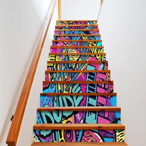 Miniatura 8 de Calcomanías modernas de grafiti en acuarela, calcomanías para escaleras para escaleras, abstracto, hip hop, ciudad, calle, pared, colorido, grafiti